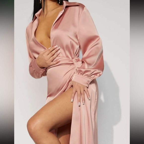 Plunging Neck Split Thigh Satin Dress - Picture 3 of 4